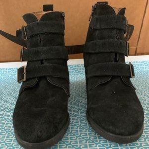 Eric Michael Suede Buckle Strap Wedge Heel Boots Size 38 Black